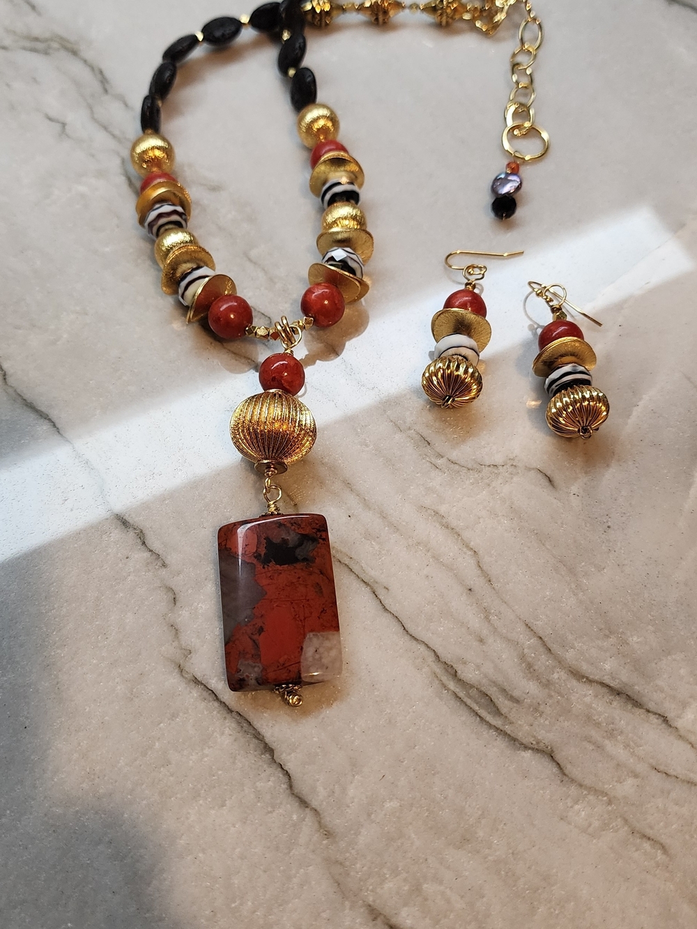 Hand Crafted Statement Necklace  with Red Jasper Pendant and Matching Earrings
